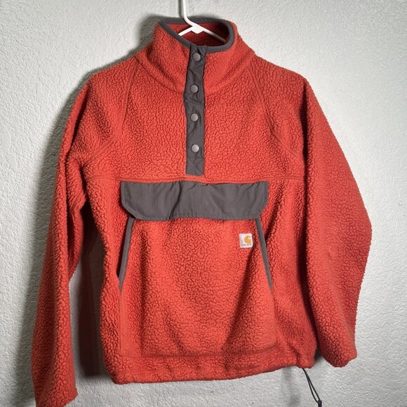 Carhartt Jacket Womens XS Orange Relaxed Fleece Pullover Sherpa 1/4 Snap Outdoor - Picture 1 of 9